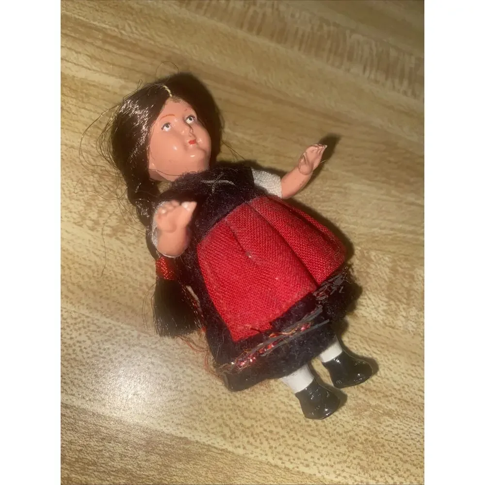 Vintage 1950s Hard Plastic Ethnic German Mini Girl Doll 3.25” Tall